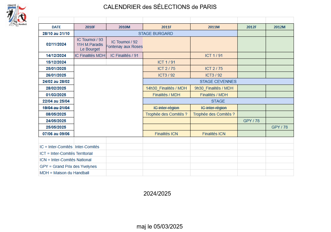 Calendrier stages et compétitions 2024/2025